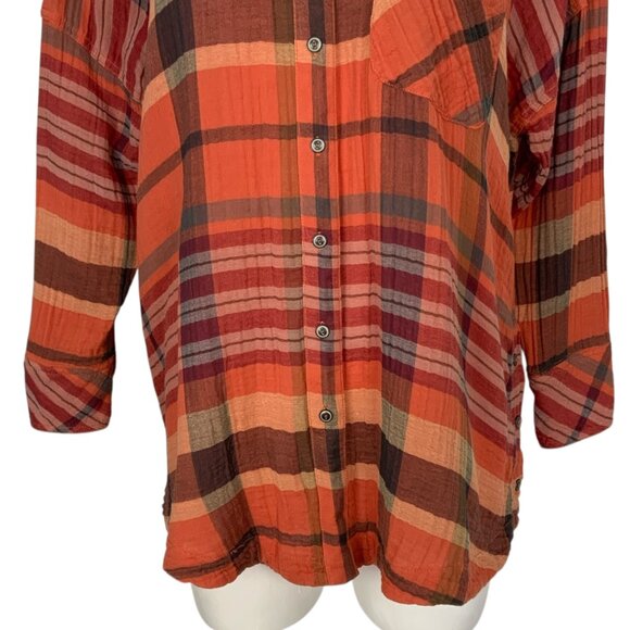 Free People Year Round Buttondown Shirt XS Orange Plaid Oversized Fall Fashion - Picture 10 of 14